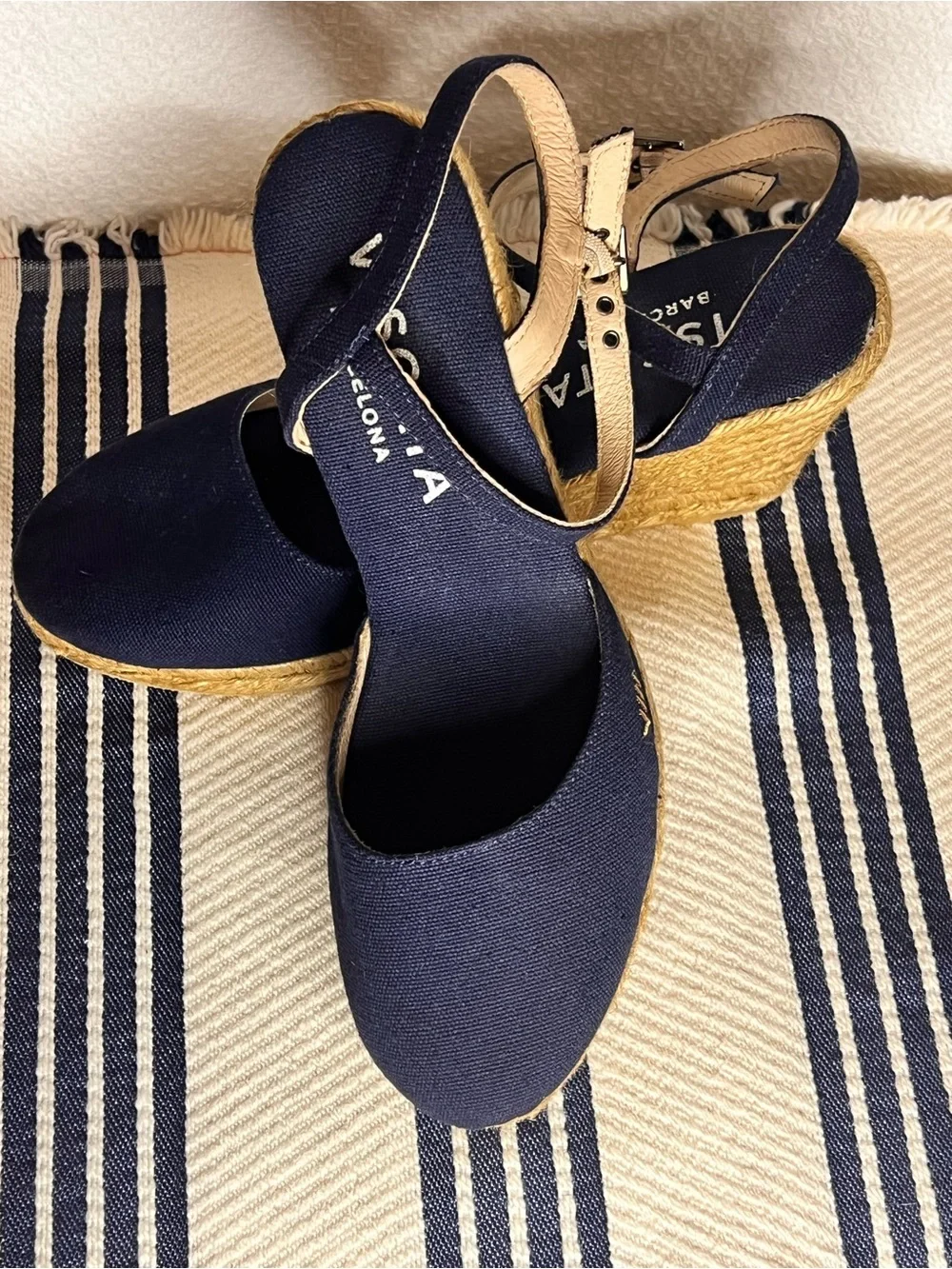 Viscata Barcelona Navy Canvas Espadrille Wedge Sandals with Ankle Strap